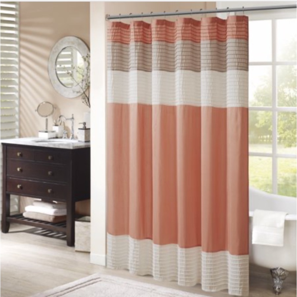 New w/tag MADISON PARK EASTRIDGE FAUX SILK SHOWER CURTAIN, 72”x72” Orange & Tan